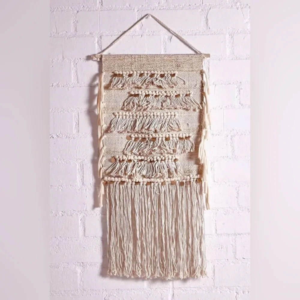 Off white tasseled gold coin fringe macrame wall hanging